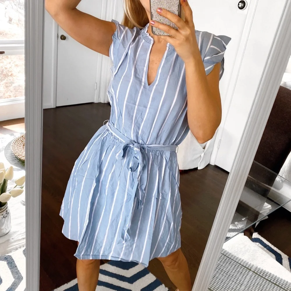 π¦ LOFT BOHO POWDER BLUE WHITE STRIPE BELTED RUFFLE SUMMER DRESS! - Picture 5 of 10